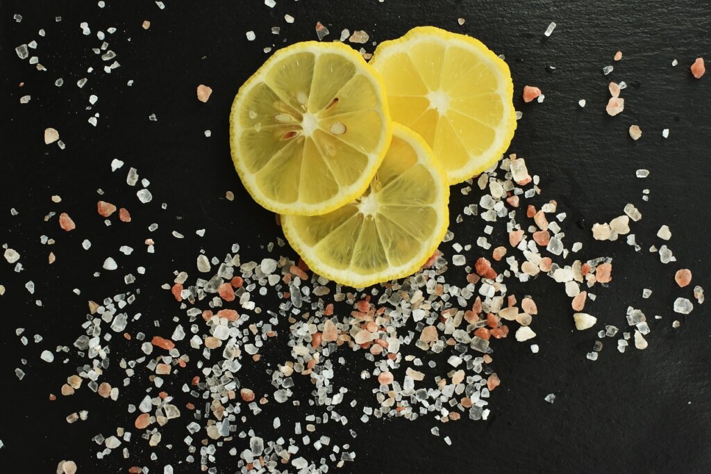 lemon and salt on white background next to sneaker